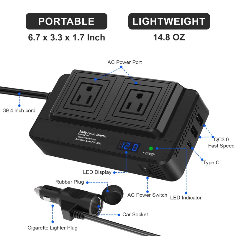 Outdoor Power Adapter Usb C - Convertisseur d'alimentation pour voiture 200W, adaptateur
